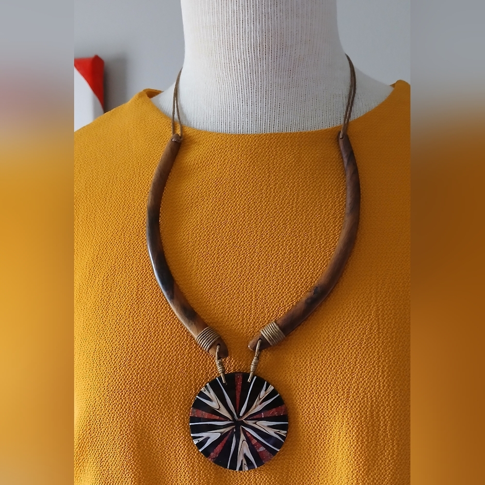 Handmade Brown Pendant Necklace with Multicolor Round Medallion. Adjustable.